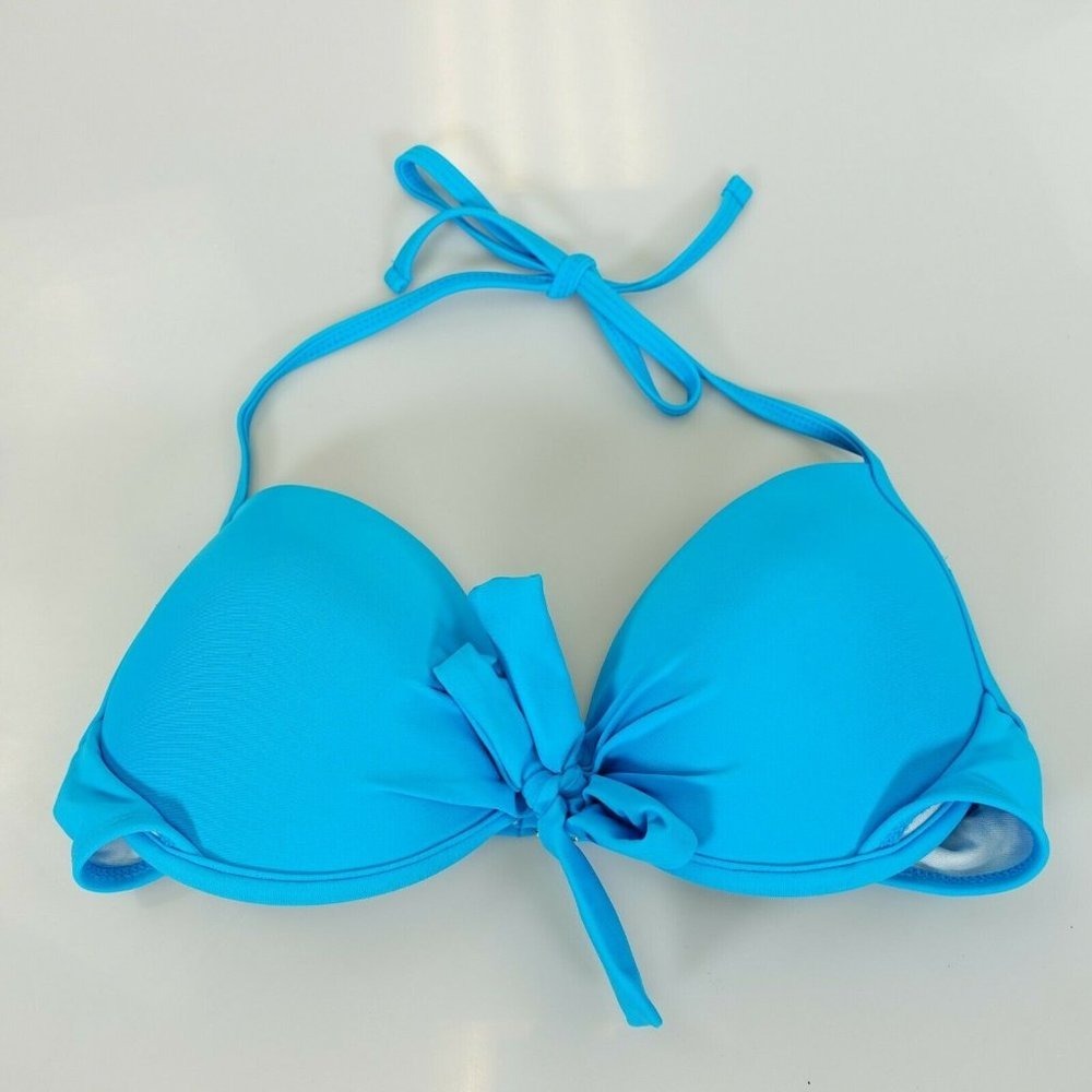 Coquette Halter Top Womens XS Blue Padded Bow Bikini Full Cover Beach ADORE ME